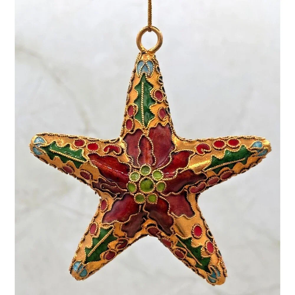 Cloisonne Red Enamel Gold Metal Holly Floral Star Christmas Hanging Ornament EUC